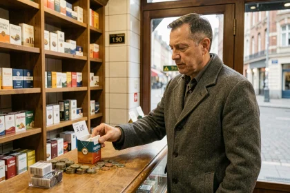 Un homme achète un paquet de cigarettes dans un bureau de tabac belge, avec des pièces en euros posées sur le comptoir