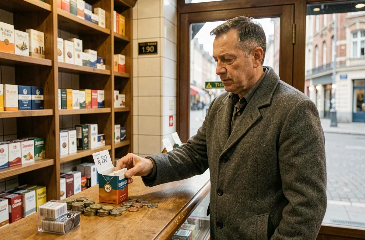 Un homme achète un paquet de cigarettes dans un bureau de tabac belge, avec des pièces en euros posées sur le comptoir