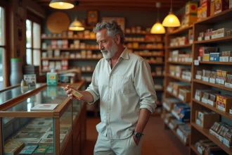 Un homme examine un paquet de cigarettes dans un bureau de tabac espagnol près de la frontière