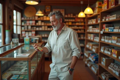 Un homme examine un paquet de cigarettes dans un bureau de tabac espagnol près de la frontière