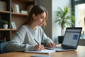 Femme activant un service bancaire en ligne Société Générale depuis son bureau à domicile