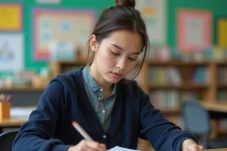 AESH femme consultant son contrat de travail et documents administratifs dans une salle de ressources scolaire