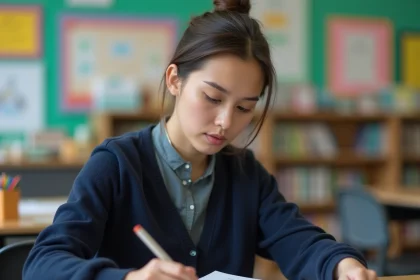 AESH femme consultant son contrat de travail et documents administratifs dans une salle de ressources scolaire