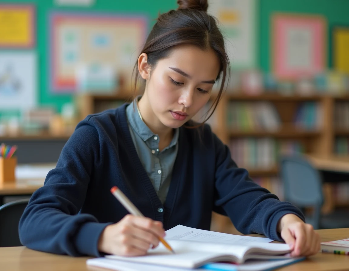 AESH femme consultant son contrat de travail et documents administratifs dans une salle de ressources scolaire