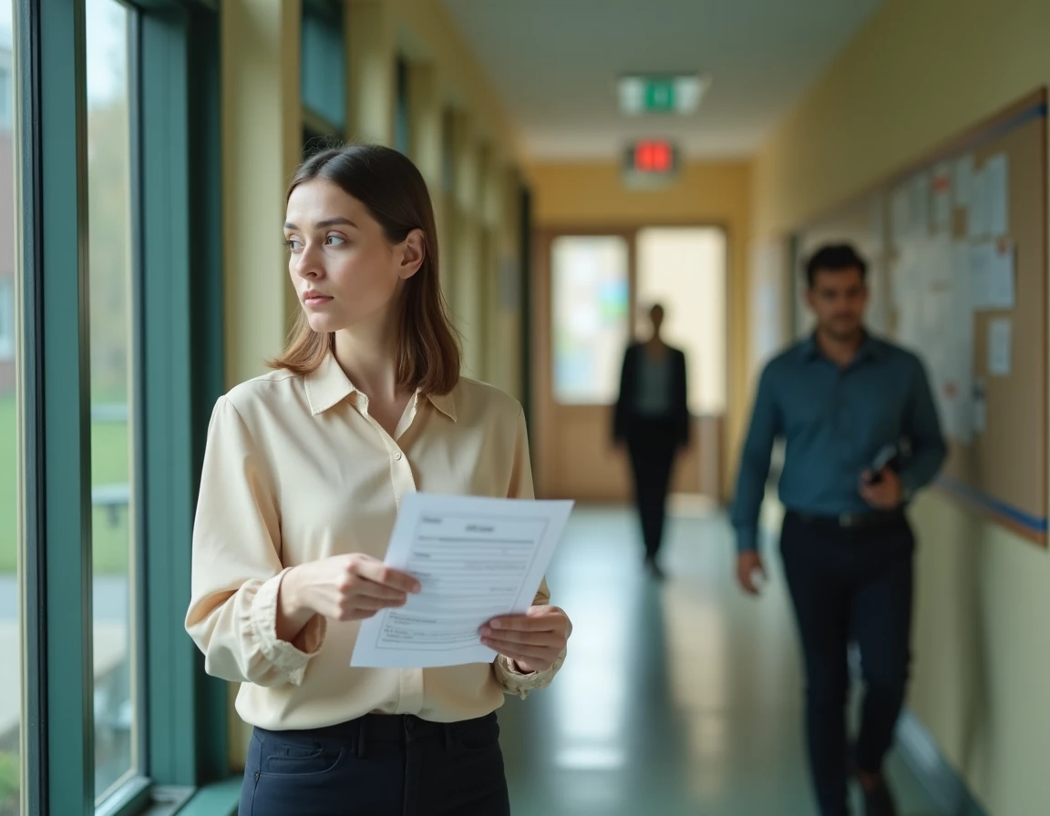 AESH examinant sa fiche de paie dans un couloir d'école en réfléchissant à son salaire et ses heures de travail