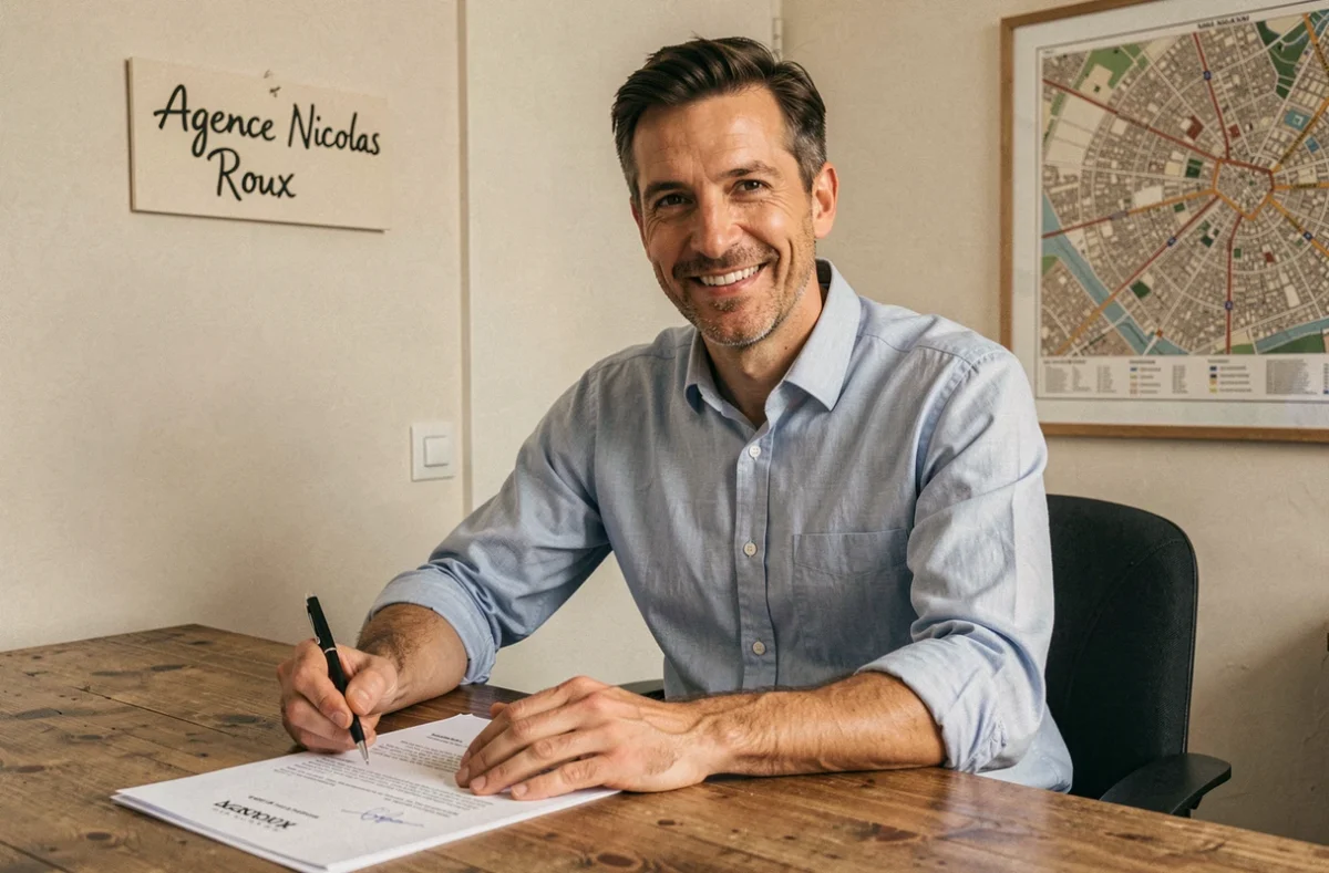 Nicolas Roux, courtier immobilier, signe un dossier de prêt avec un client dans son agence parisienne personnelle