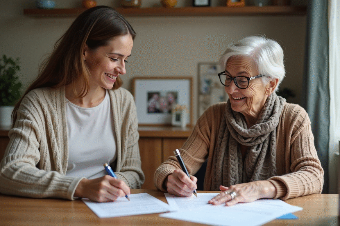 Femme âgée souriante avec assistante sociale en intérieur