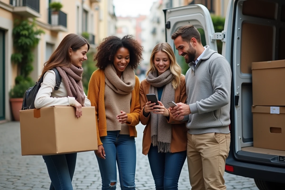 Quatre amis souriants partagent une facture devant un camion