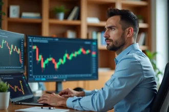 Homme analysant des données d'ETF sur un double écran dans un bureau à domicile moderne pour optimiser son portefeuille Boursorama
