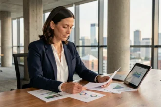 Professionnelle analysant des documents de fonds SCPI immobiliers dans un bureau moderne avec vue sur la ville