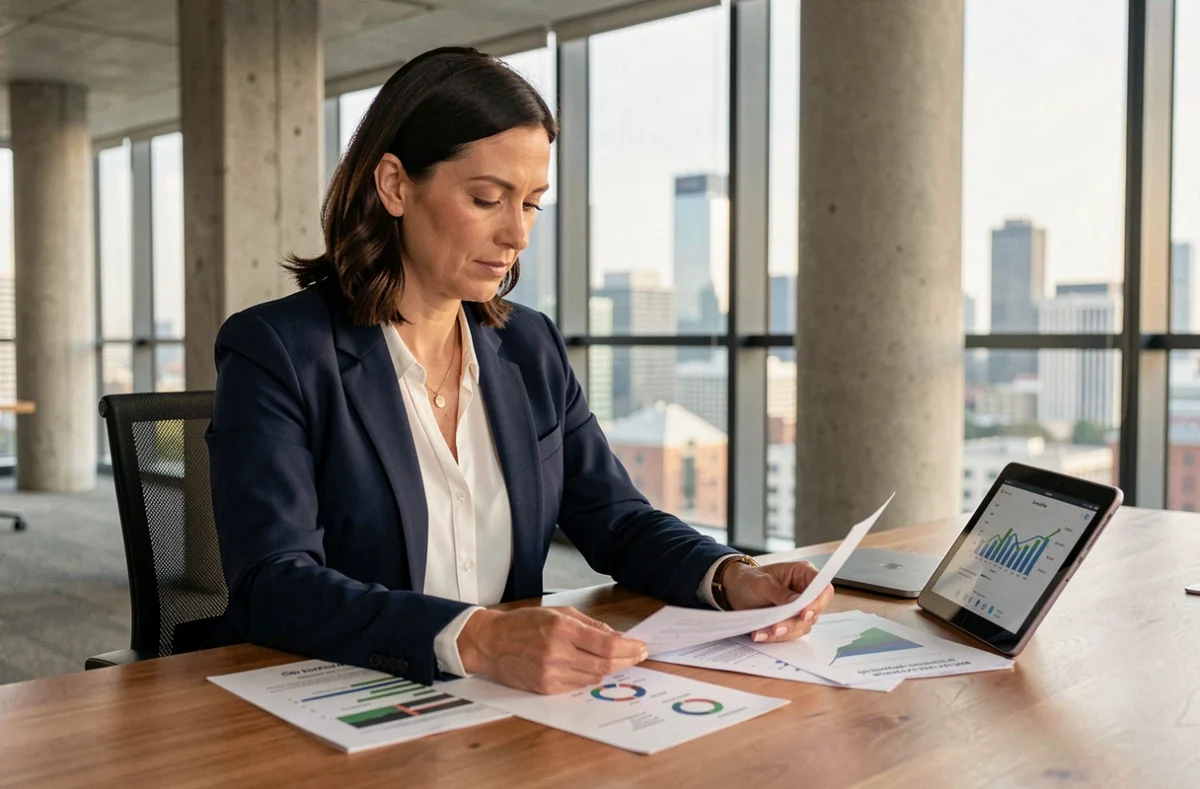Professionnelle analysant des documents de fonds SCPI immobiliers dans un bureau moderne avec vue sur la ville