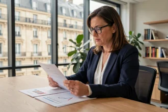 Femme analyste financière examinant des documents de rendement SCPI dans un bureau moderne avec vue sur la ville