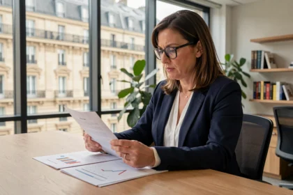 Femme analyste financière examinant des documents de rendement SCPI dans un bureau moderne avec vue sur la ville