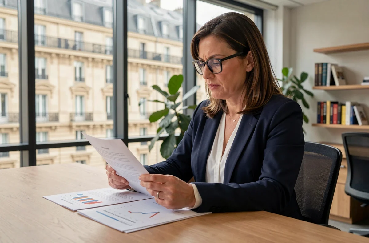 Femme analyste financière examinant des documents de rendement SCPI dans un bureau moderne avec vue sur la ville