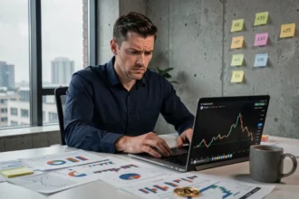 Analyste financier étudiant des graphiques de prévision Bitcoin avec une pièce crypto sur son bureau