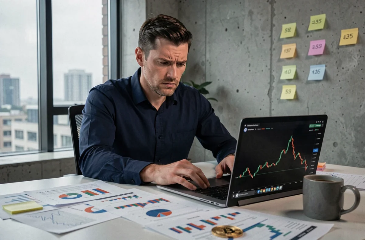 Analyste financier étudiant des graphiques de prévision Bitcoin avec une pièce crypto sur son bureau