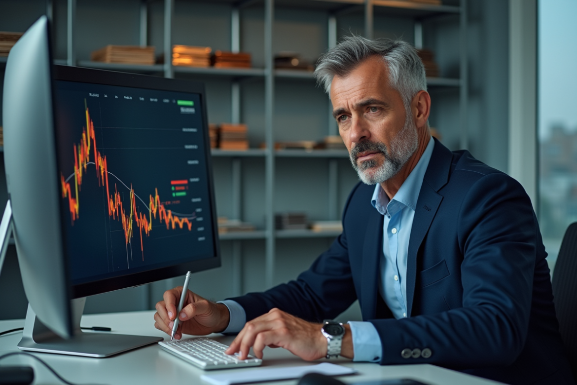 Analyste en costume navy examine des câbles en cuivre et graphiques