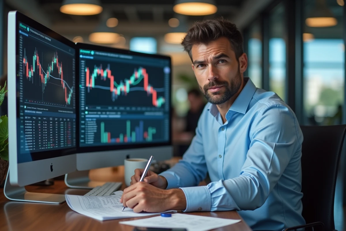 Analyste financier examinant les données boursières et les tendances du marché du fret maritime