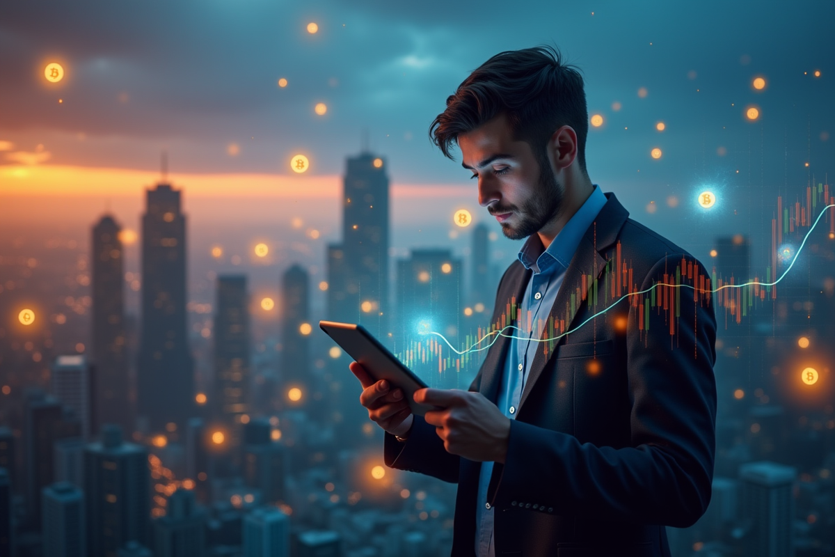 Jeune analyste avec tablette et ville futuriste en arrière-plan