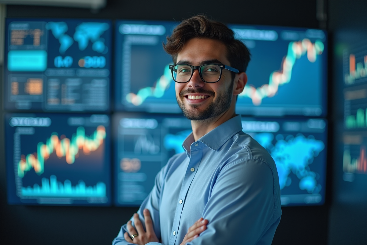 Jeune analyste fintech devant un écran de données financières