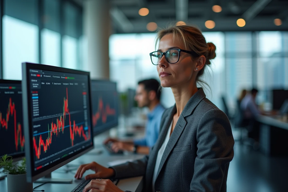 Analyste financière étudiant les courbes de prix du cuivre sur des écrans dans un bureau de trading moderne