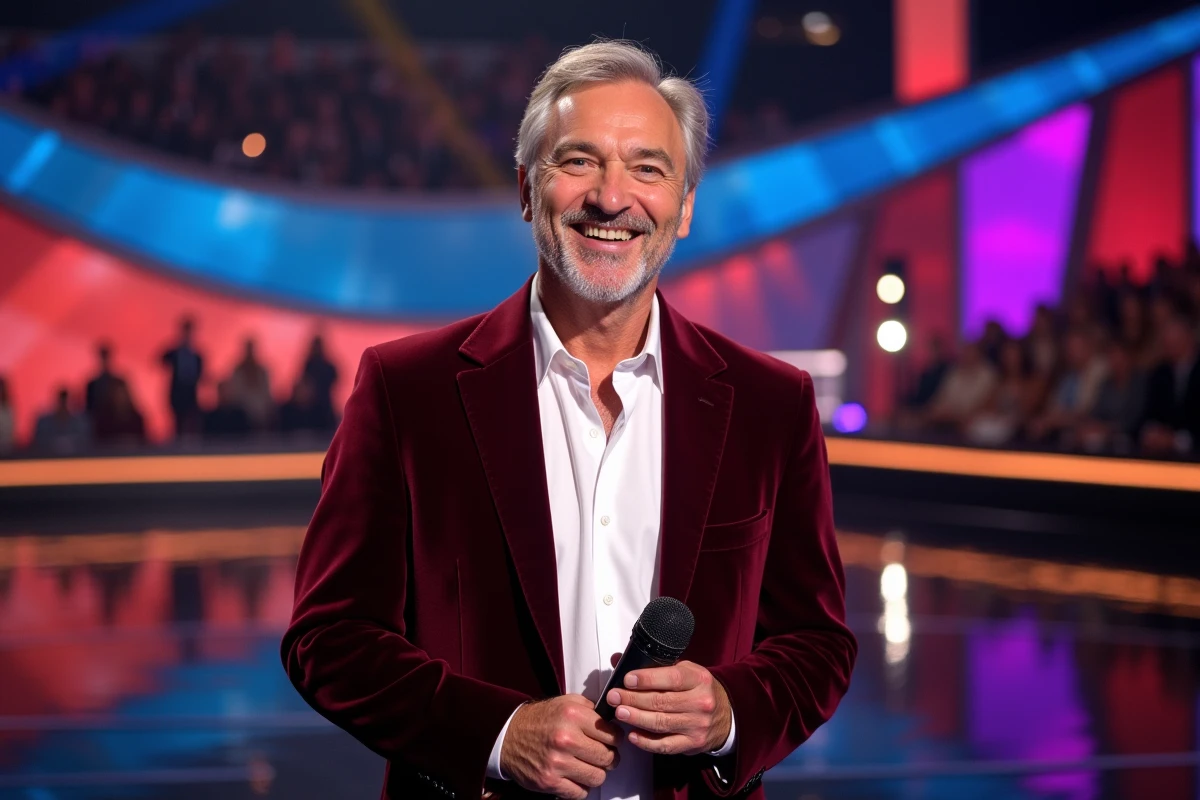 Animateur souriant tenant un micro lors de l'enregistrement d'un jeu télévisé sur TF1