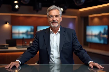 Animateur de télévision français en costume devant un plateau de tournage professionnel