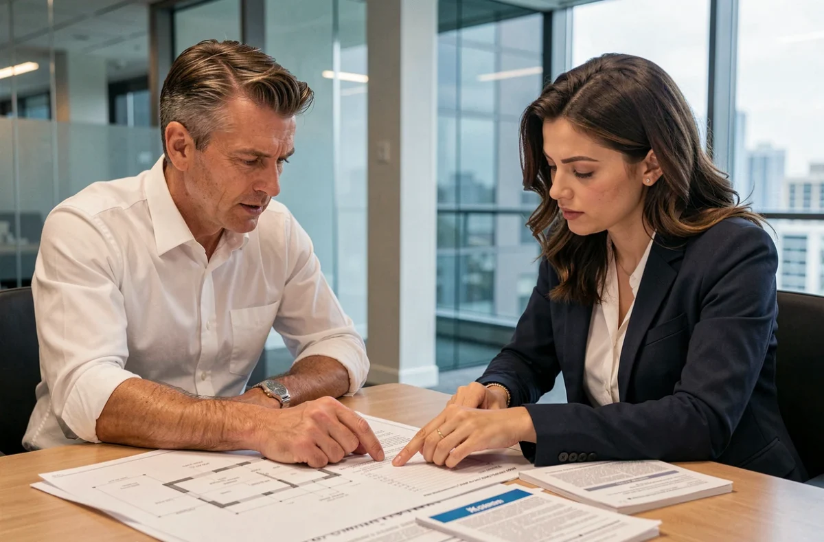 Architecte et conseillère juridique examinant ensemble les documents de garantie décennale d'une entreprise de construction
