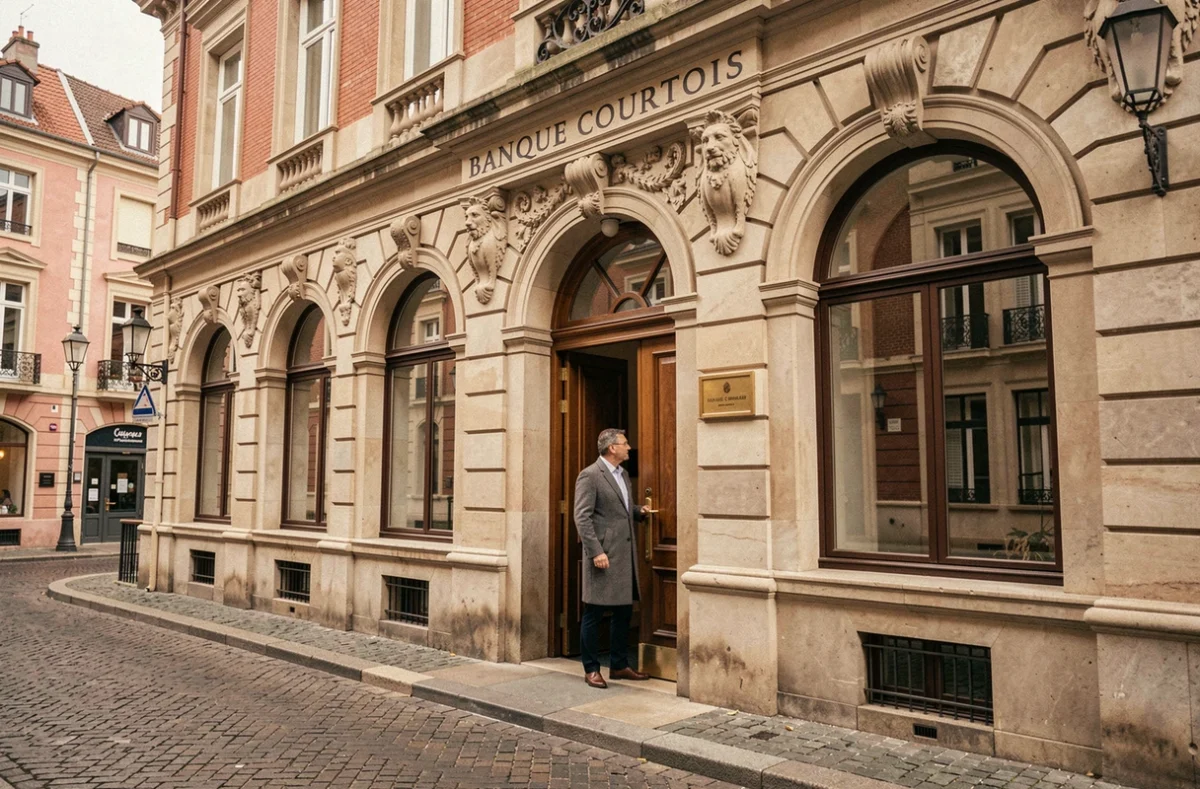 Façade historique de la Banque Courtois à Toulouse avec son architecture classique en briques roses