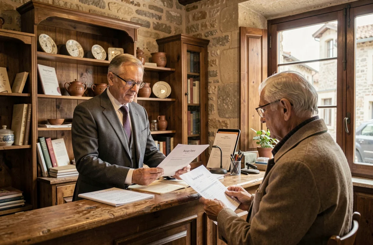 Conseiller de la Banque Dupuy de Parseval en consultation avec un artisan dans une agence au décor patrimonial
