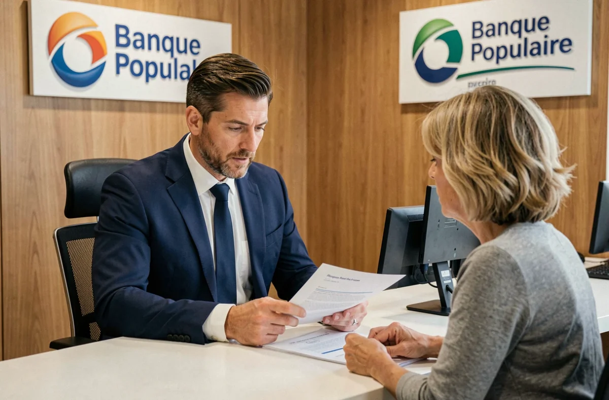 Conseiller de la Banque Populaire Occitane en rendez-vous avec une cliente dans une agence moderne