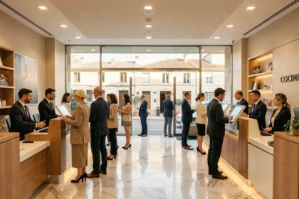 Intérieur d'une agence bancaire moderne en Occitanie avec des clients et des conseillers