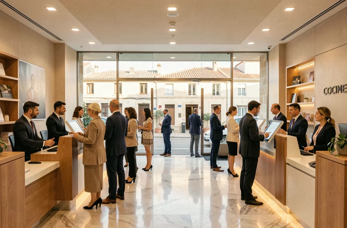 Intérieur d'une agence bancaire moderne en Occitanie avec des clients et des conseillers