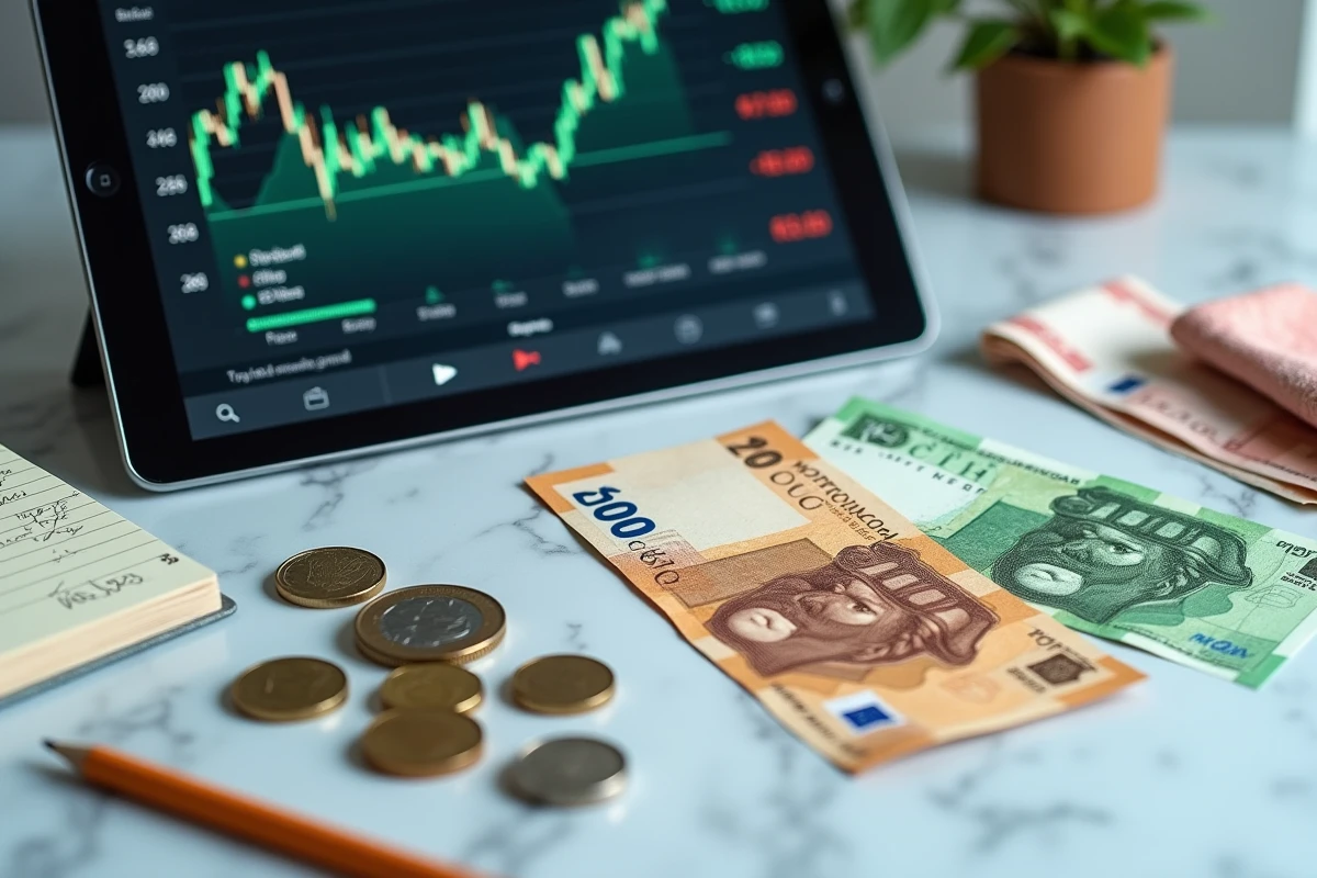 Vue de dessus de billets et pièces en dirhams marocains et euros sur une surface en marbre avec une tablette affichant des graphiques de taux de change