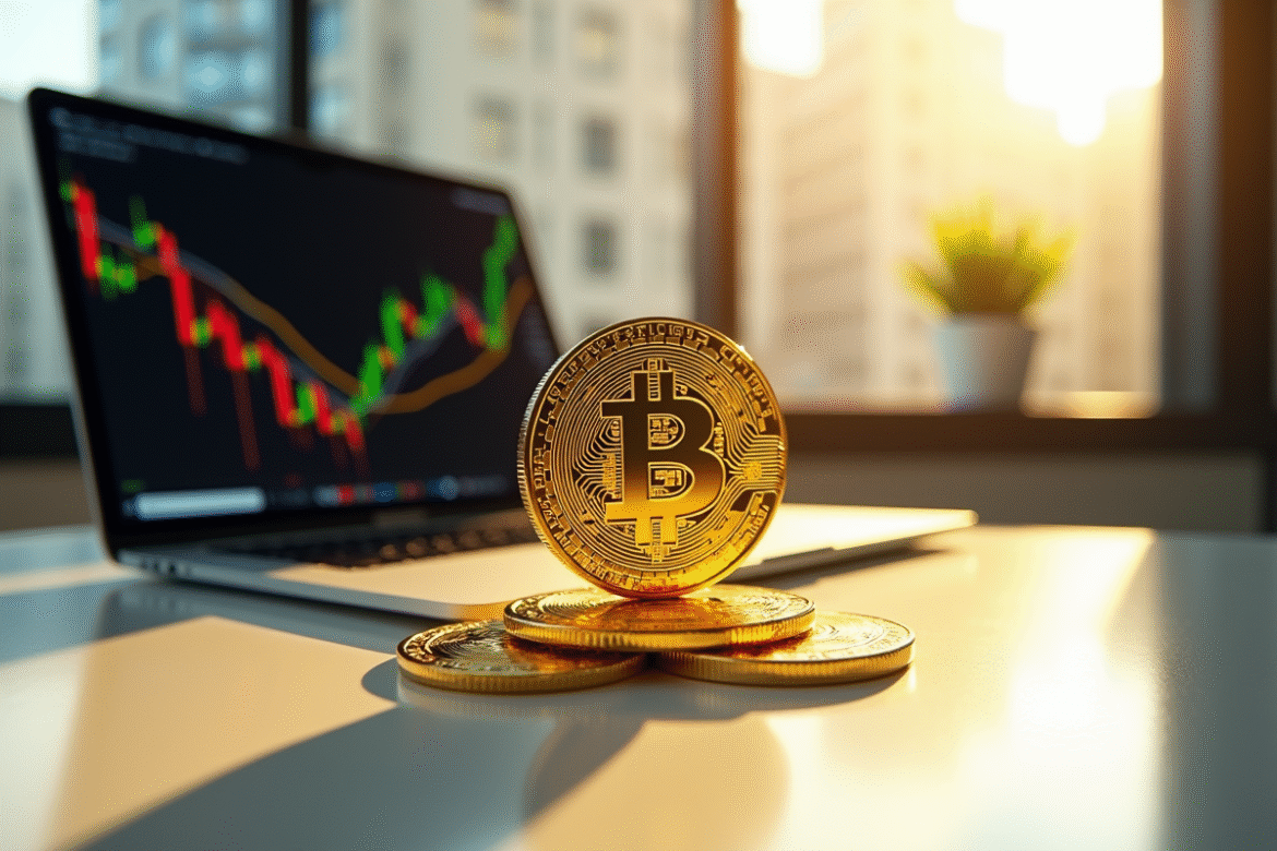Bitcoin en or sur un bureau moderne avec ordinateur et lumière