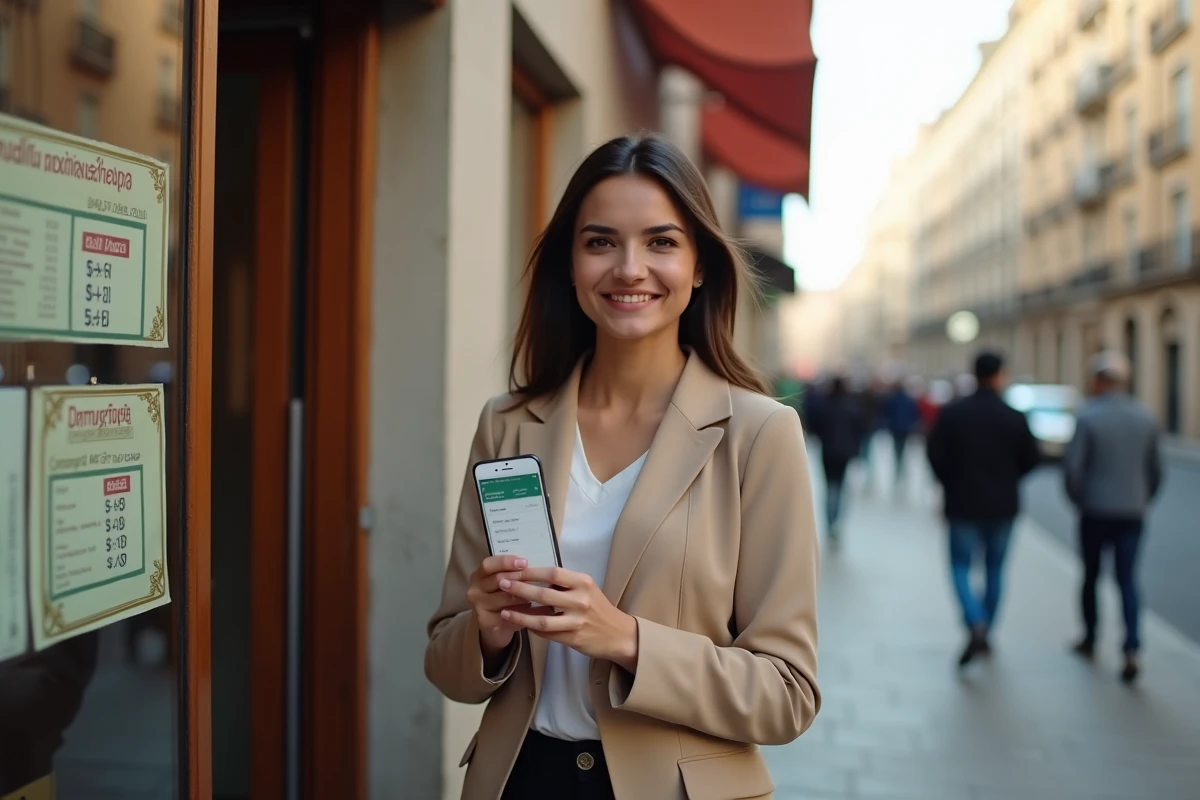 Femme devant un bureau de change marocain consultant le taux dirham euro en temps réel sur son smartphone