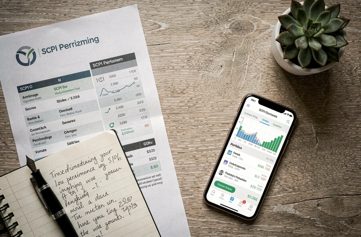 Vue aérienne d'un bureau avec rapport de performance SCPI, smartphone et notes d'investissement manuscrites