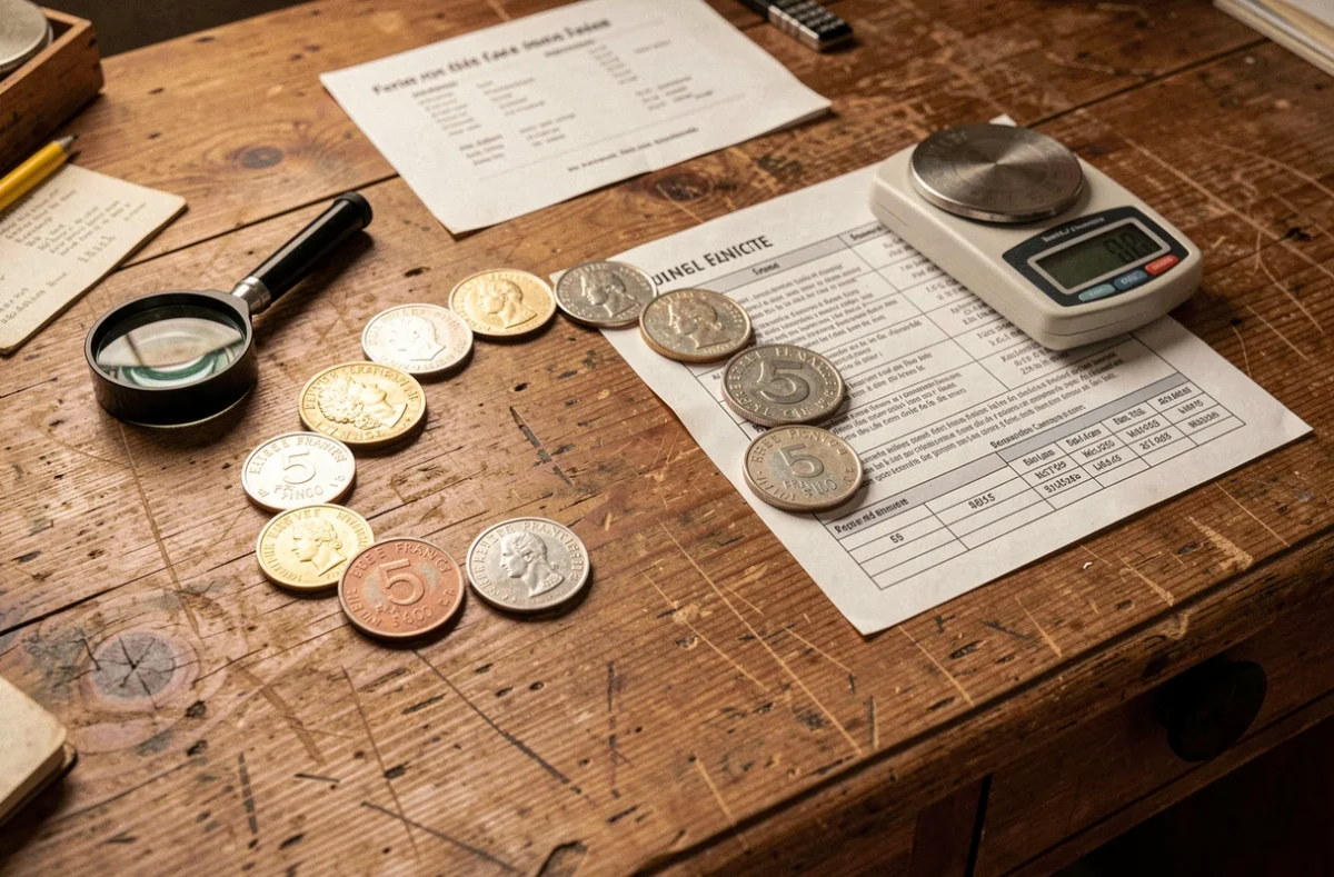 Bureau de numismate avec plusieurs pièces de 5 francs 1960, une loupe, une balance et une fiche de cotation pour évaluer la valeur actuelle
