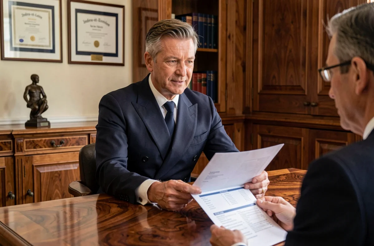 Conseiller du Cabinet LR Patrimoine recevant un client dans un bureau patrimonial traditionnel