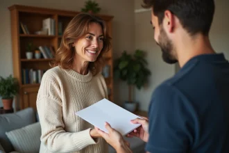 Une femme d'âge mûr remet une enveloppe d'argent à un jeune adulte dans un salon familial chaleureux, illustrant un cadeau d'argent entre proches