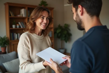Une femme d'âge mûr remet une enveloppe d'argent à un jeune adulte dans un salon familial chaleureux, illustrant un cadeau d'argent entre proches