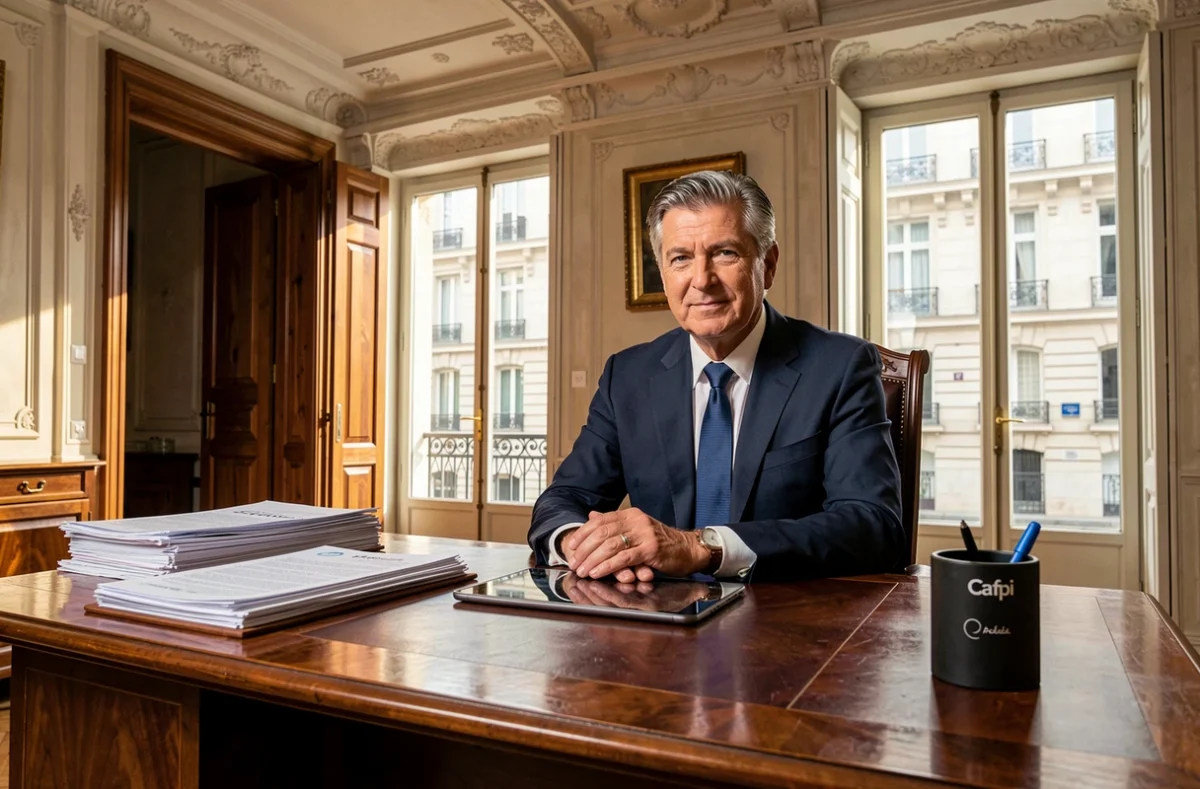 Un courtier Cafpi examine des dossiers de financement immobilier dans un bureau parisien au style classique