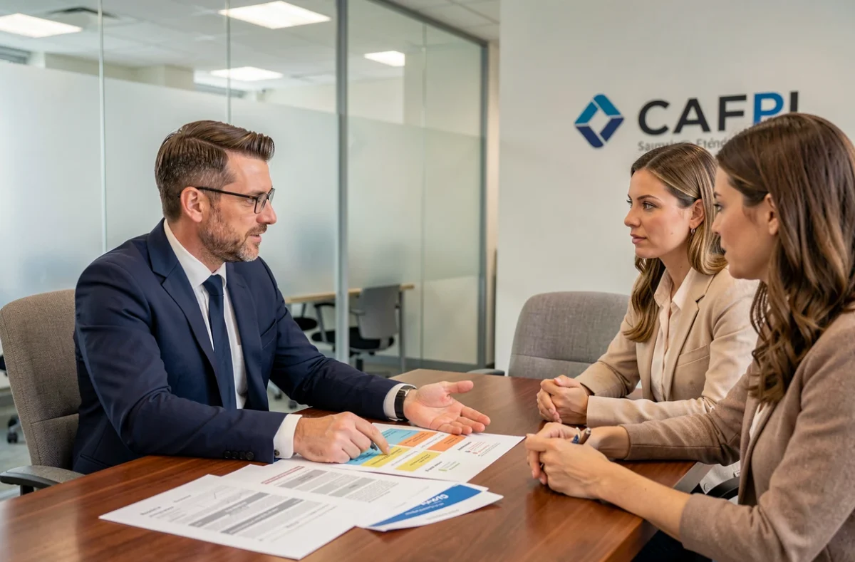 Conseiller CAFPI Saint-Étienne présentant un comparatif de prêts immobiliers à des clients dans une agence moderne