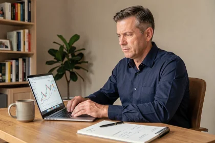 Homme analysant un calcul de rendement SCPI sur ordinateur portable dans un bureau moderne