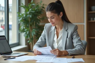 Femme professionnelle consultant des fiches de salaire luxembourgeoises dans un bureau moderne