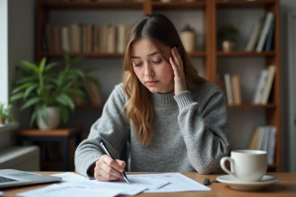 Jeune femme calculant son salaire net au SMIC sur une feuille de calcul imprimée à son bureau à domicile
