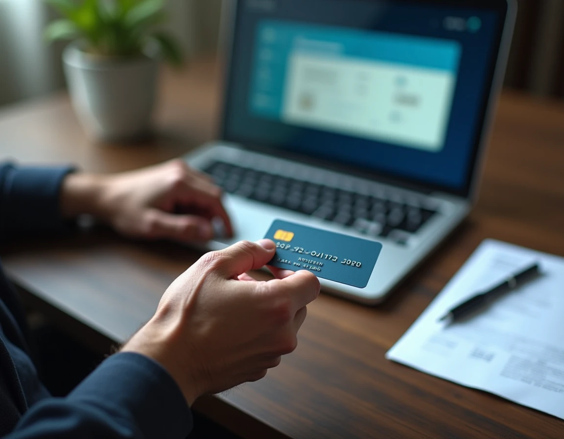 Gros plan d'une carte bancaire posée sur un bureau avec interface de gestion des plafonds de paiement en ligne