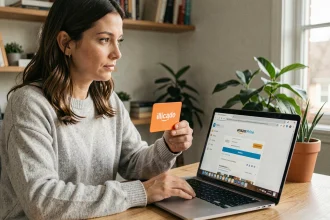 Femme tenant une carte Illicado devant un écran affichant Amazon Prime, illustrant l'utilisation d'une carte cadeau pour un abonnement en ligne