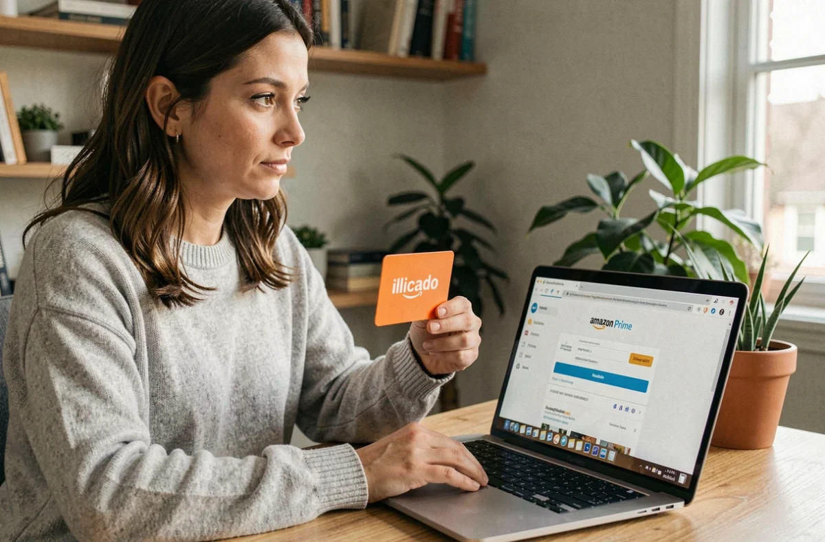 Femme tenant une carte Illicado devant un écran affichant Amazon Prime, illustrant l'utilisation d'une carte cadeau pour un abonnement en ligne