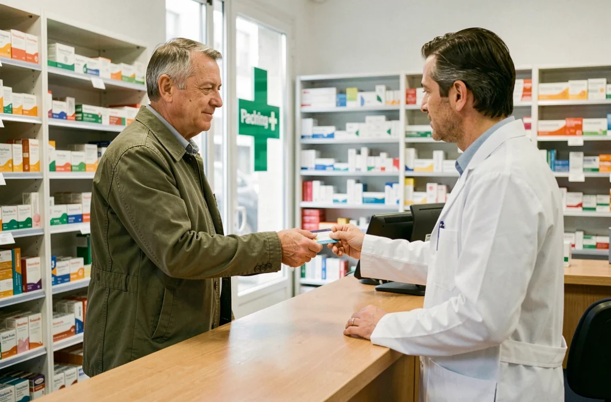 Homme remettant sa carte de mutuelle santé à un pharmacien en France